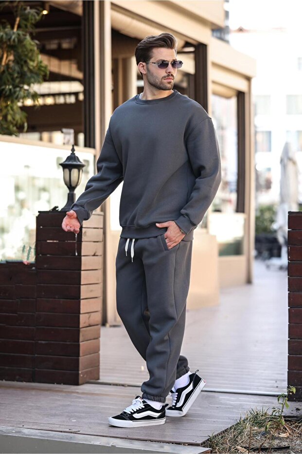 Smoked Brown Crew Neck Basic Tracksuit Set E7329 - 3