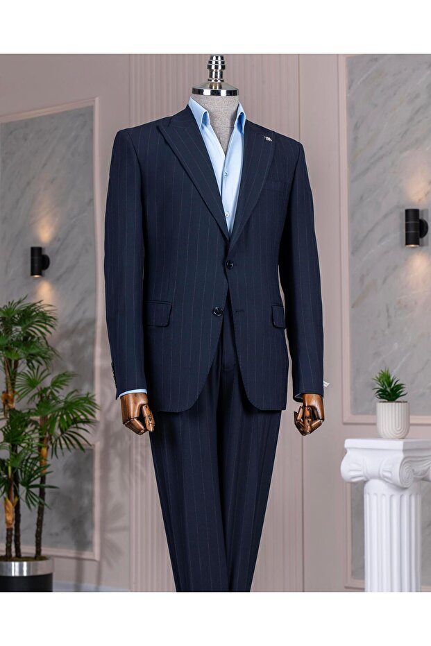 Italian Style Slim Fit Peak Lapel Jacket Pants Suit Navy Blue T14254