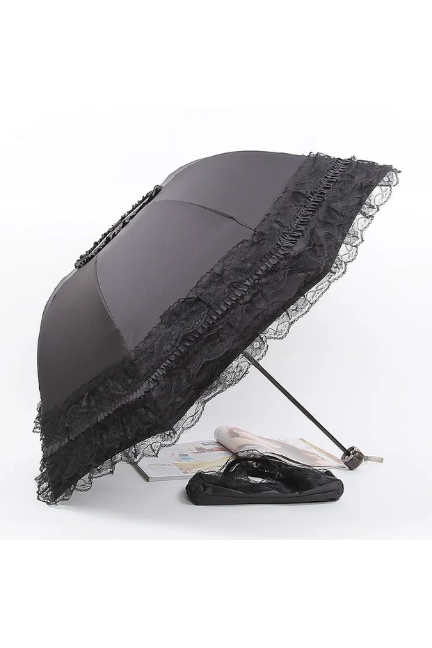 Black Woman Lace Rain Umbrella Folding Wind Resistant Anti-UV Travel Female Parasol Fashion Sun Prot