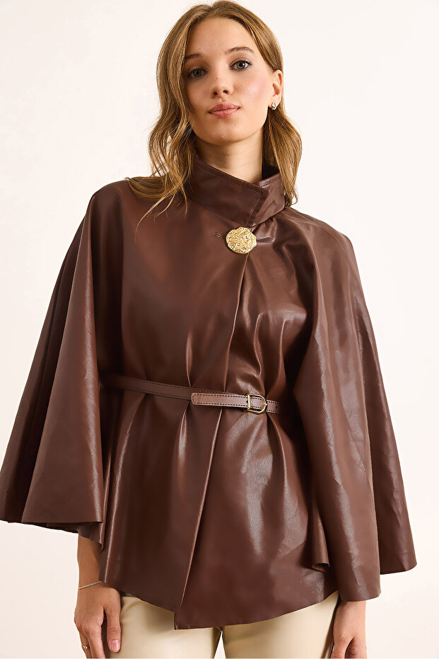 Women's Brown Inside Velvet Faux Leather Cape Jacket Ckt-19000462