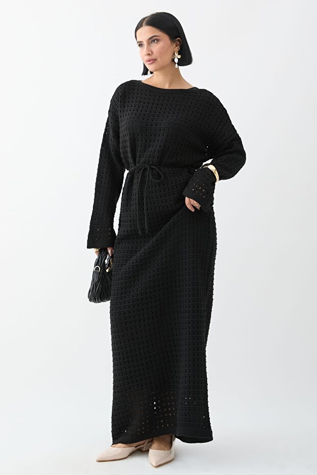 Ajurlu Siyah Triko Elbise - 6