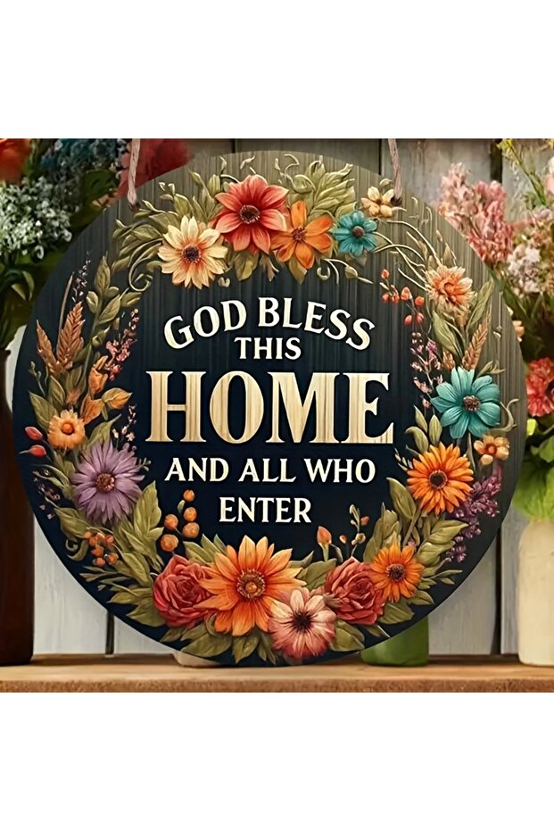 MULTI 1 Piece "God Bless This Home" Wooden Welcome Sign Wreath - 7.87inch Round, No Batteries Needed