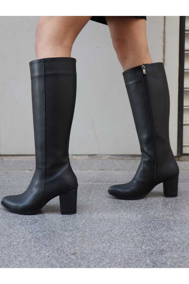 Black High Heeled Zippered Leather Long Women's Boots
