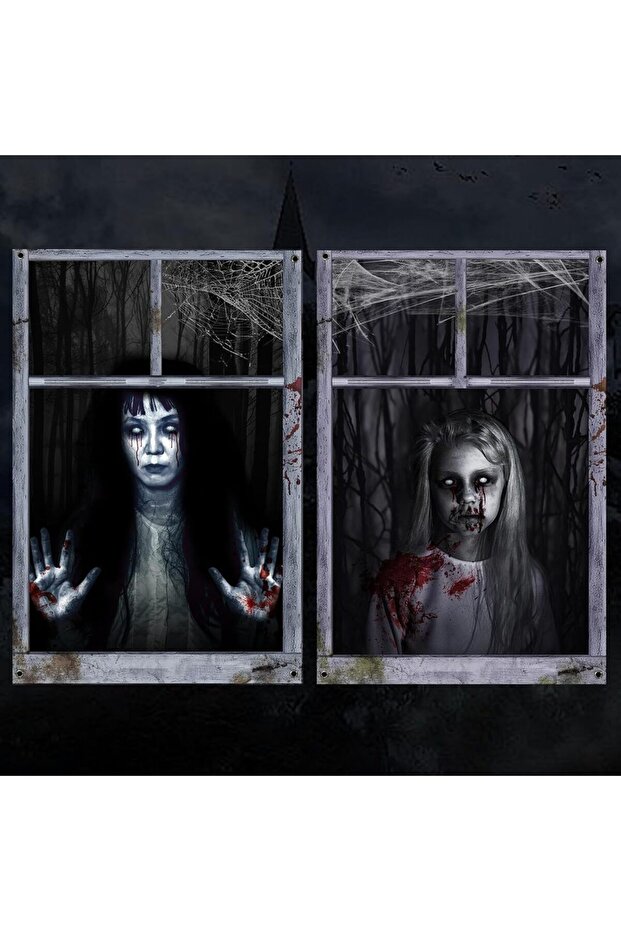 black 2 Pack Halloween Ghost Curtain Decorations - Female Ghost Window Cover for Indoor/Outdoor Part