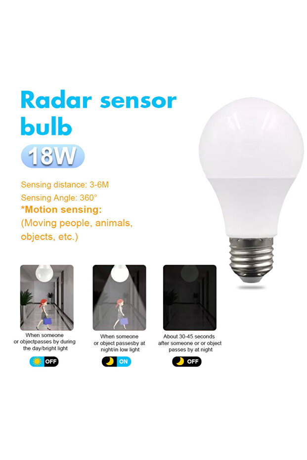 مصباح LED أبيض دافئ 18 واط، قطعة واحدة، مستشعر حركة، 6 واط، 9 واط، 12 واط، 15 واط، 18 واط، 20 واط، مصباح E27 بمستشعر رادار