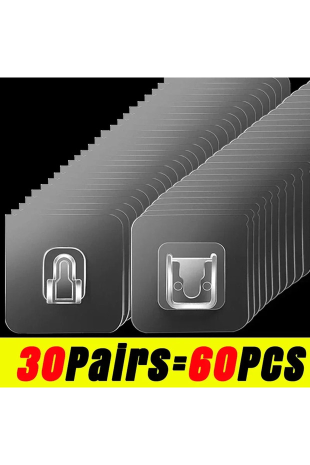 30 زوجًا (60 قطعة) خطافات حائط لاصقة مزدوجة الجوانب قوية وشفافة ولا تترك أثرًا للمطبخ