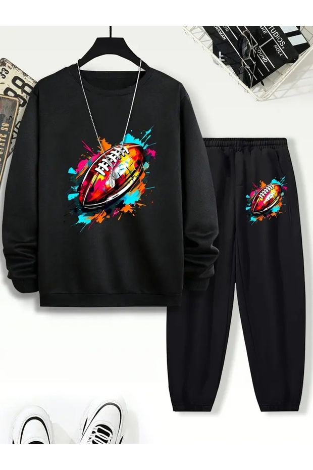 Children's Printed Crew Neck Sweatshirt and Sweatpants Set 3 Thread Raster for Autumn/Winter