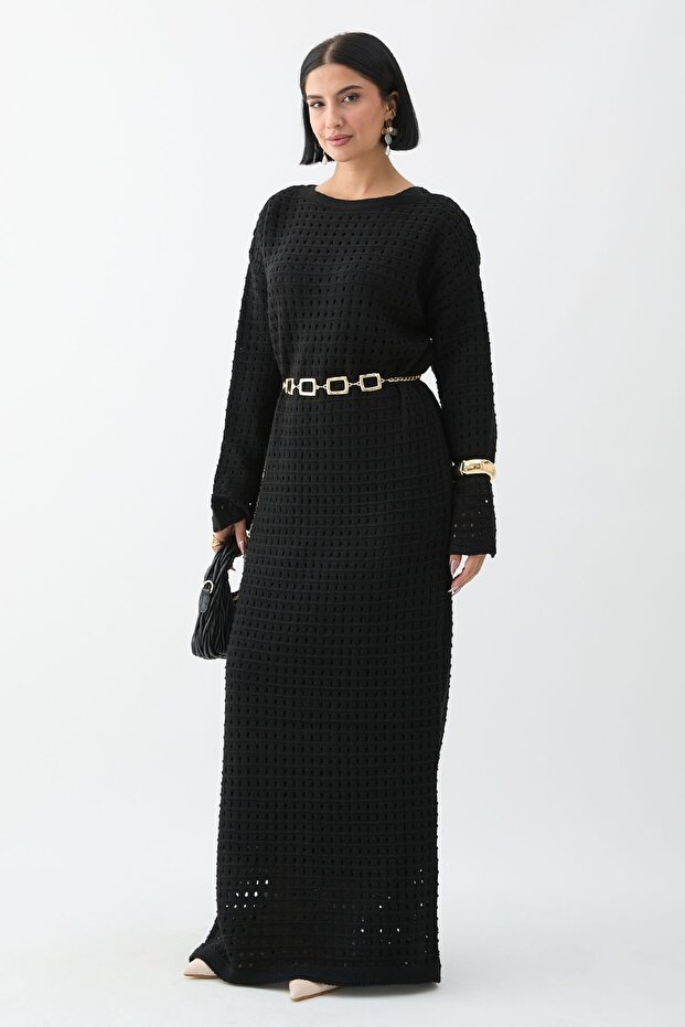 Ajurlu Siyah Triko Elbise - 4