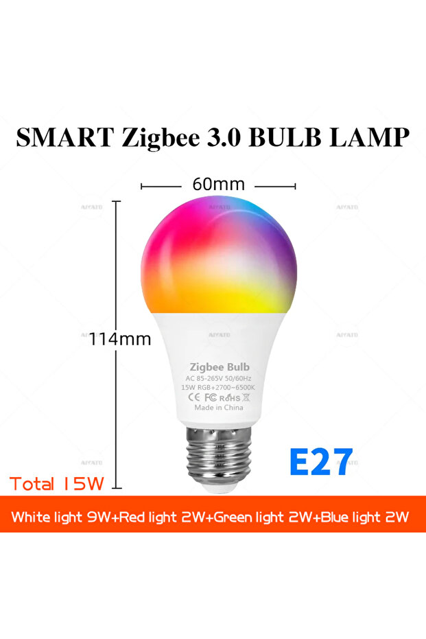 مصباح ذكي زيجبي E27 بقوة 15 واط، يعمل بجهد 85-265 فولت تيار متردد، E27 B22، إضاءة LED RGBCW بقوة إجمالية 15 واط، تحكم صوتي