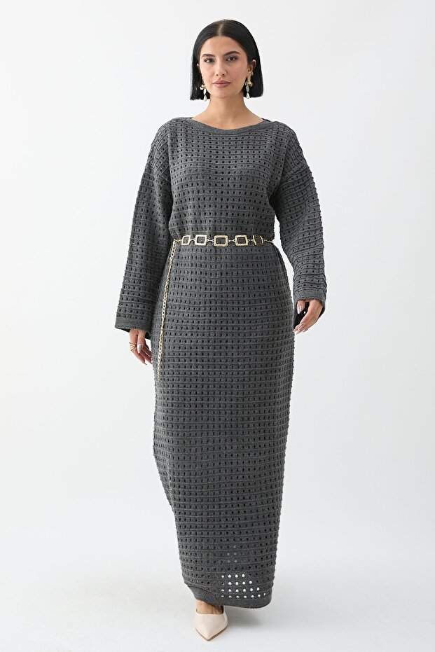Ajurlu Antrasit Triko Elbise - 5