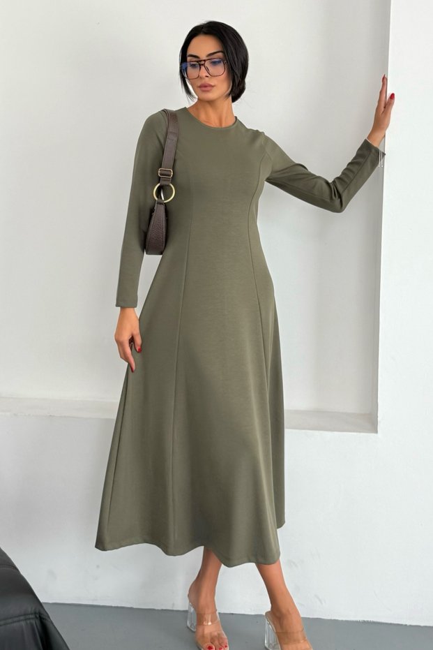 Women's Crew Neck Panelled Princess Seam Midi Long Sleeve Modal Dress