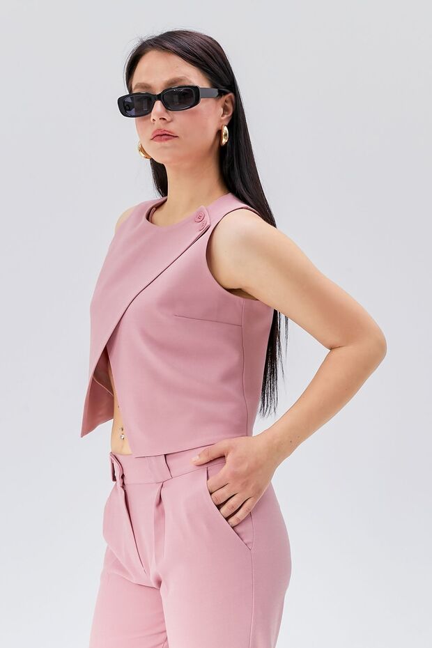 Pink Regular Lined Buttoned Shoulder Vest - 3