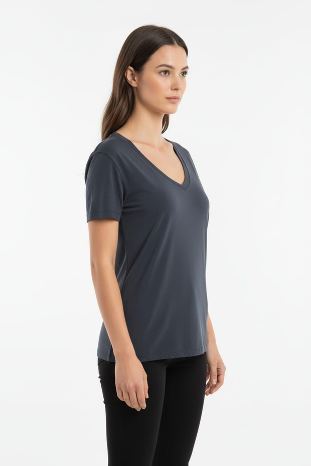 Modal Kumaş V Yaka Basic Tişört Antrasit - 2