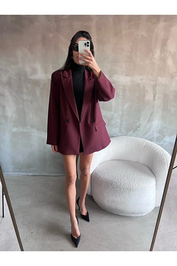Çift Düğmeli Oversize Blazer Ceket - 5