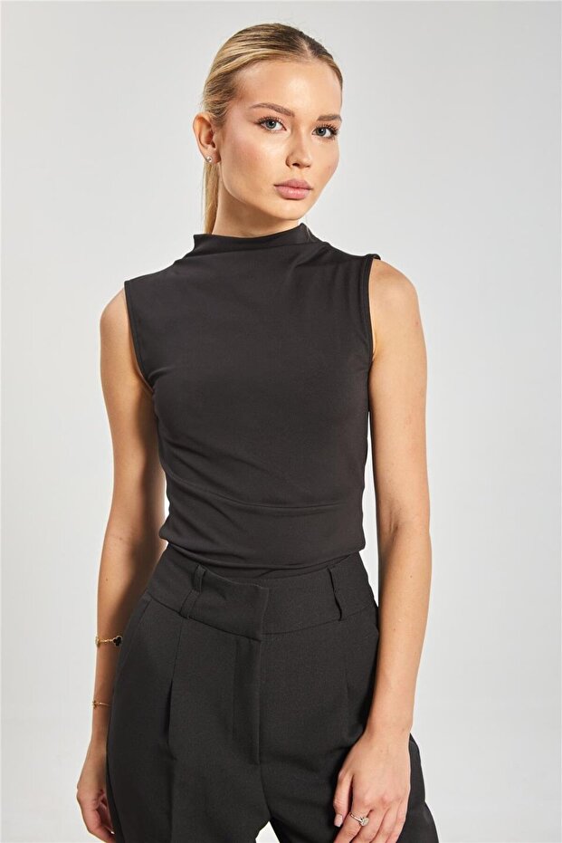 Women's Stand Collar Zero Sleeve Bodysuit - Black