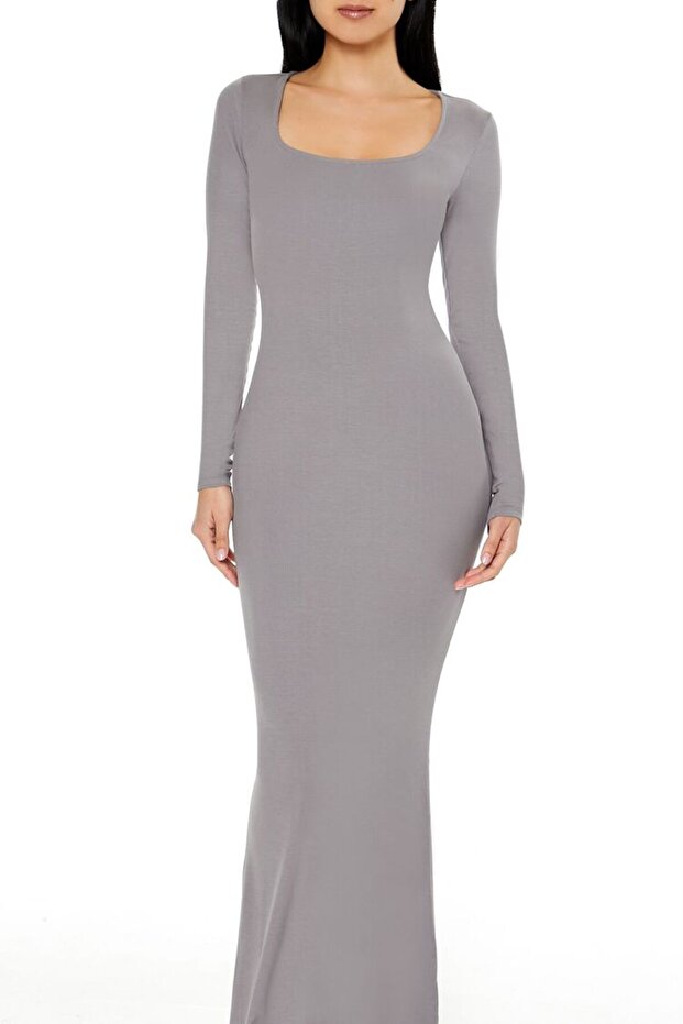 Kare Yaka Maxi Elbise - 8