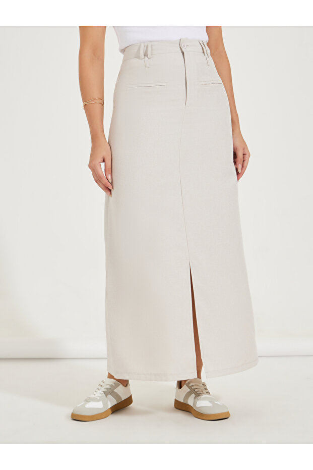 Solid Maxi Skirt with Front Slit and Pockets - 2