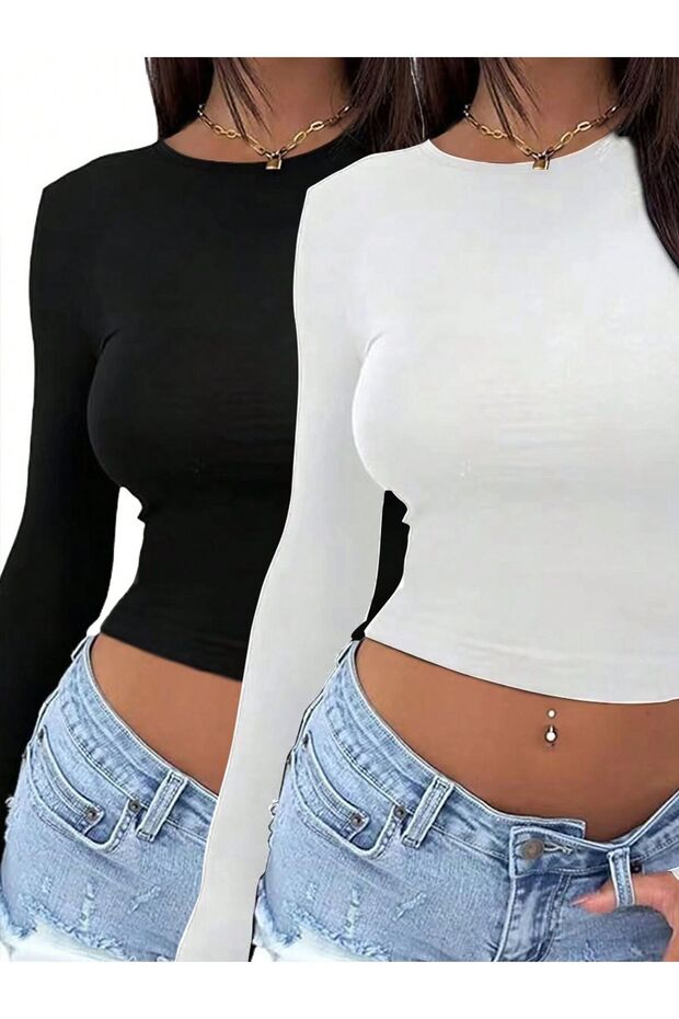 Öz Cotton Crew Neck 2-Piece Basic Plain Fabric Long Sleeve Lycra Blouse