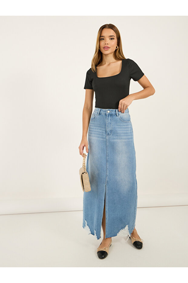 Ripped Hem Denim Maxi Skirt with Front Slit Detail
