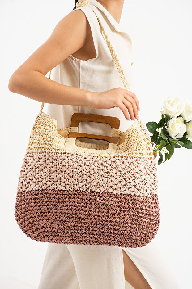 Dune Tahta Saplı Hasır Çanta PEMBE 35001 - 4