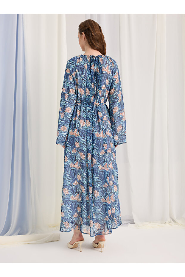 Blue Pattern Chiffon Long Dress - 6