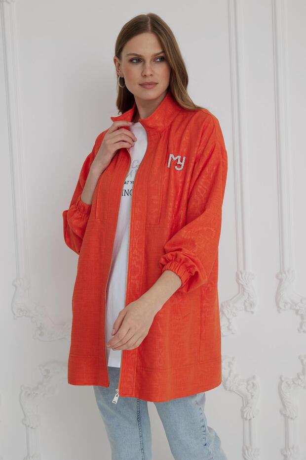 Kendinden Desenli Keten Kap - Oranj - 5