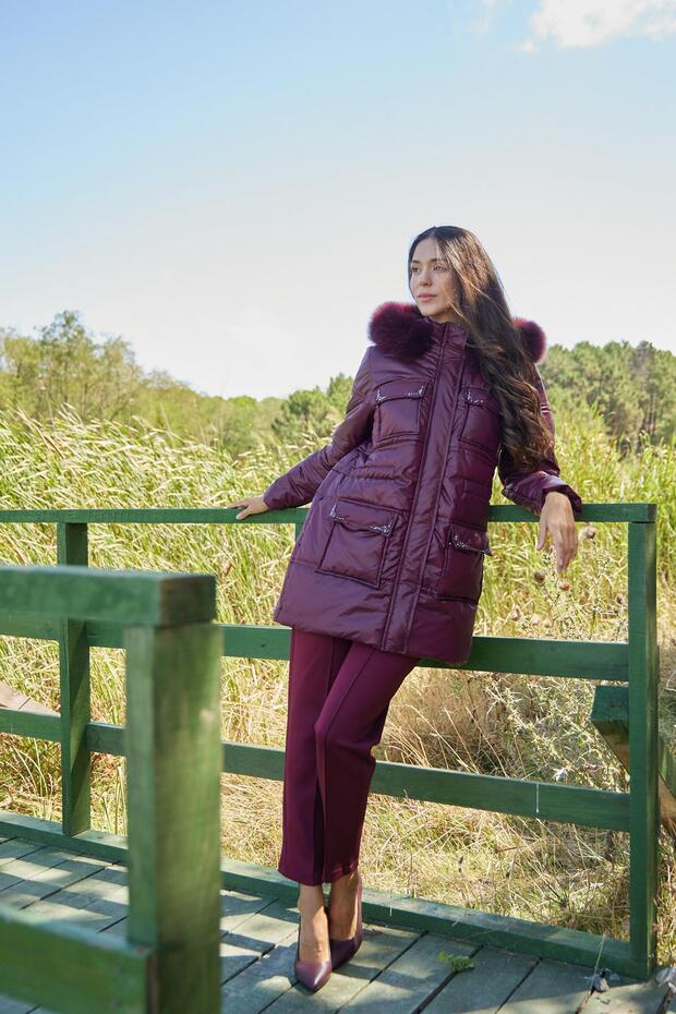 TAŞ İŞLEMELİ KÜRKLÜ ŞİŞME MONT - 4