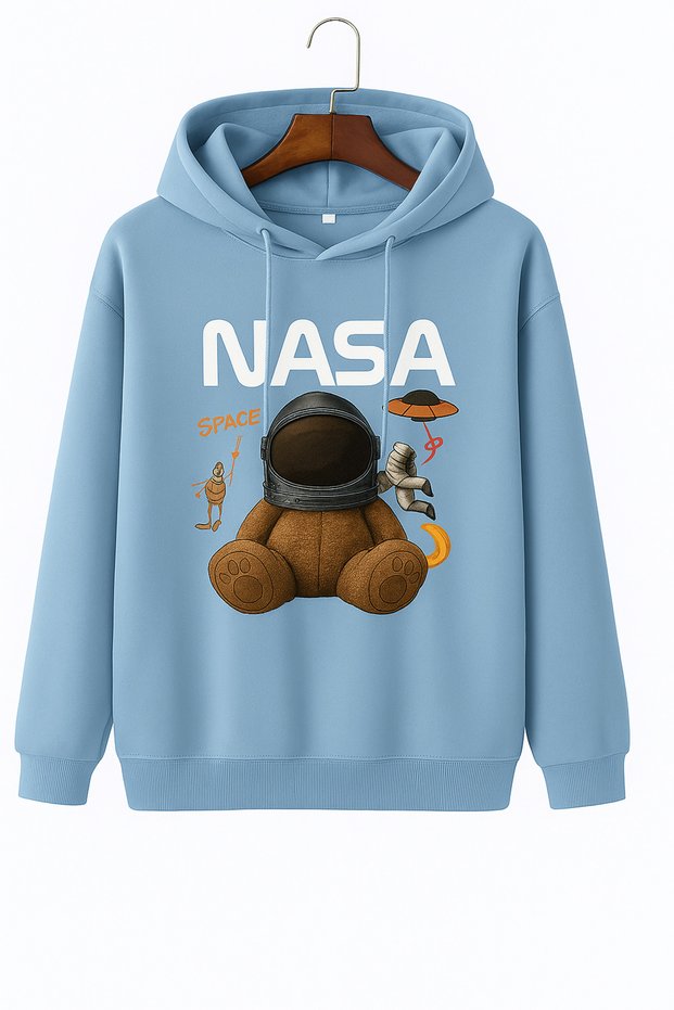 3 Yarn Combed Cotton Unisex Nasa Teddy Bear Printed Hooded Sweatshirt