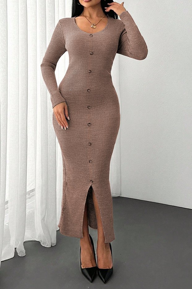 Women's V-Neck Midi Length Ribbed Buttoned Knitwear Pencil Dress