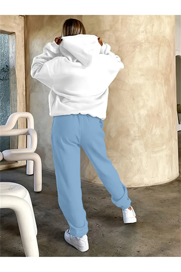 Női LA California nyomott mintás fehér kapucnis pulóver-baby kék tréningruha szett - 2