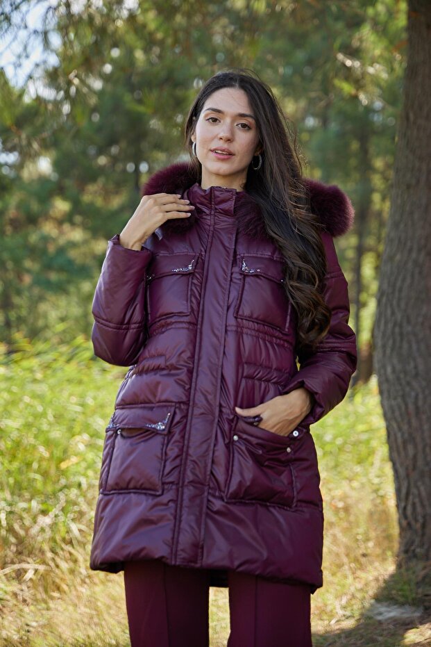 TAŞ İŞLEMELİ KÜRKLÜ ŞİŞME MONT - 3