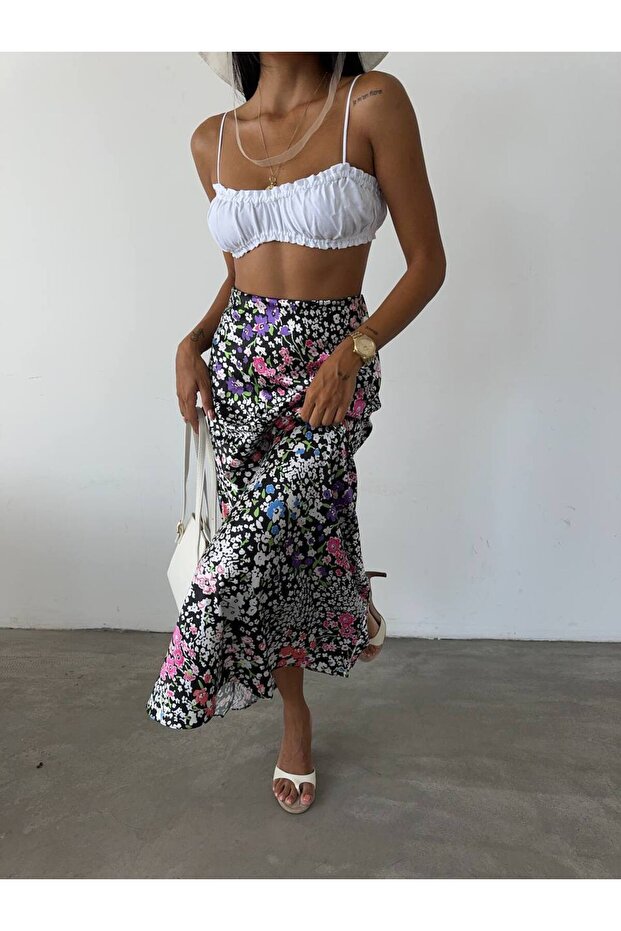 Maxi Length Long Satin Skirt with Elastic Waist