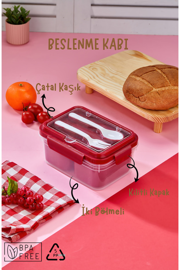 Two-Compartment Lunch Box with Fork-Spoon Compartment and Locking Lid and Food Storage Container - Red - 1