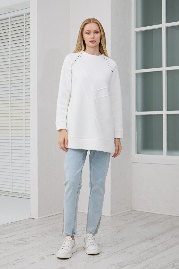 TAŞ DETAYLI PARÇALI SWEATSHIRT - 1