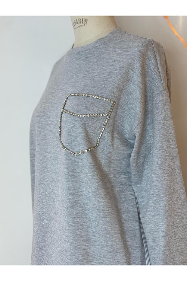 TAŞLI CEPLİ DANTELLİ SWEATSHIRT - 3