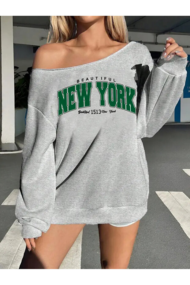 Women's New York 1513 Printed Boat Neck Gray Sweatshirt