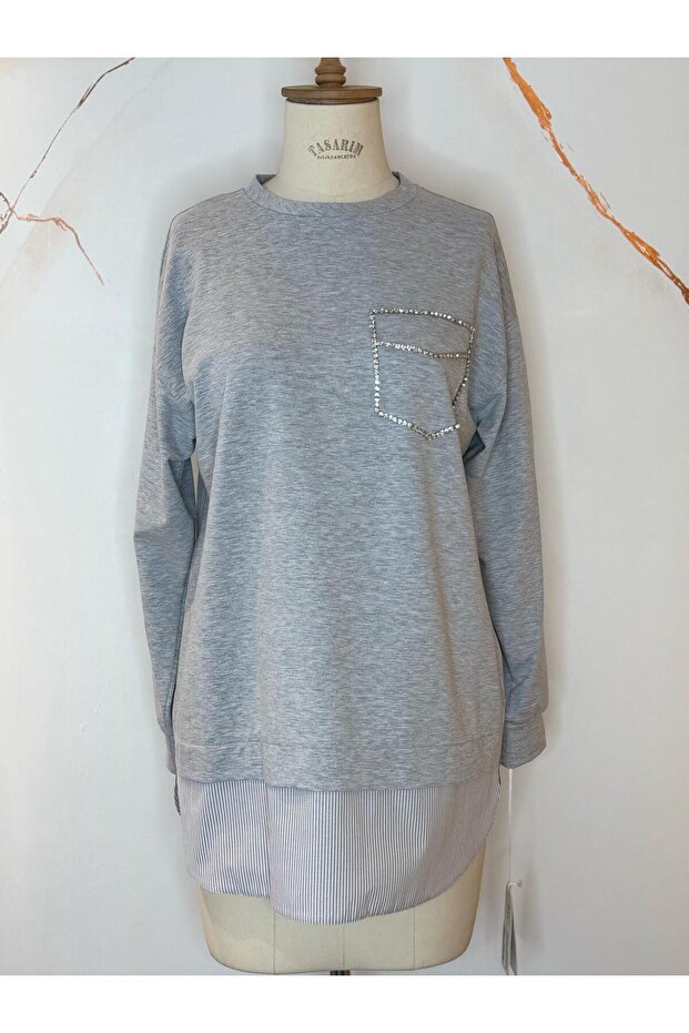 TAŞLI CEPLİ DANTELLİ SWEATSHIRT - 1