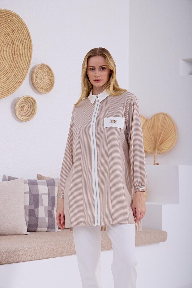 ÇİZGİLİ FERMUARLI PAMUKLU TUNİK - 4