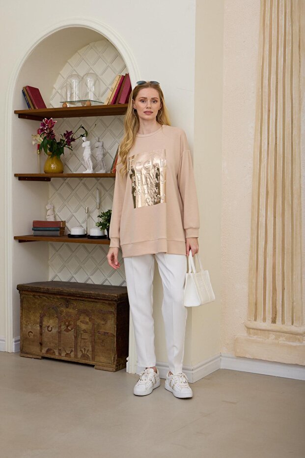 İNCİ DETAYLI BASKILI SWEATSHIRT - 2
