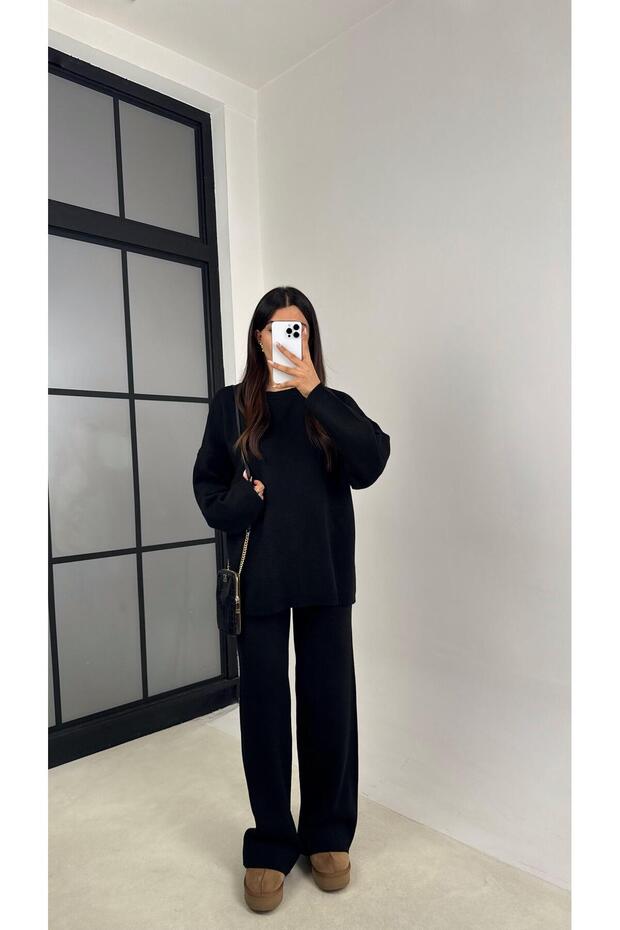 Black Long Sleeve Sweater Elastic Waist Pants Two-Piece Knitwear Set Gaus-00103