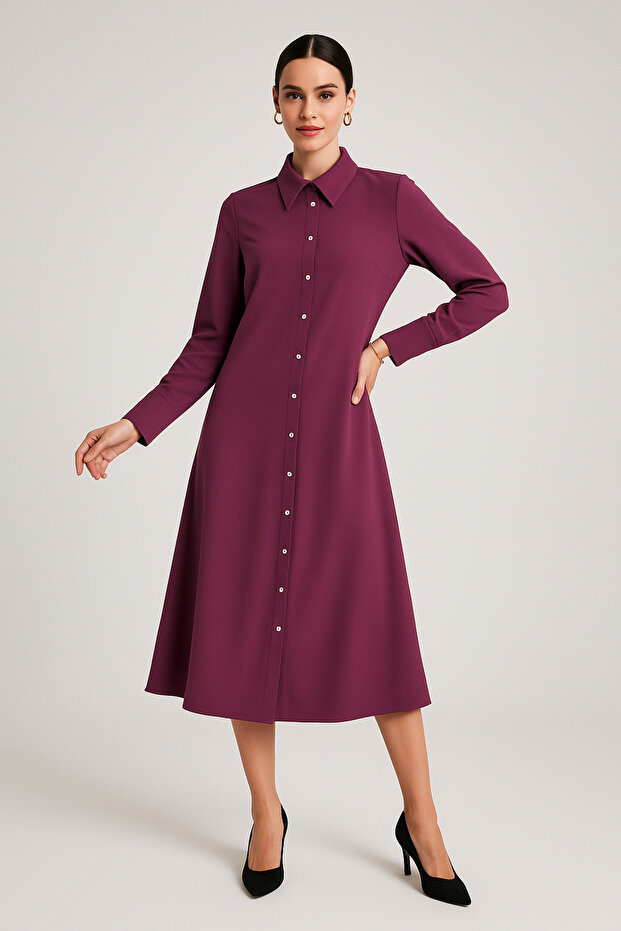 Women's Plum Long Sleeve Midi Shirt Dress