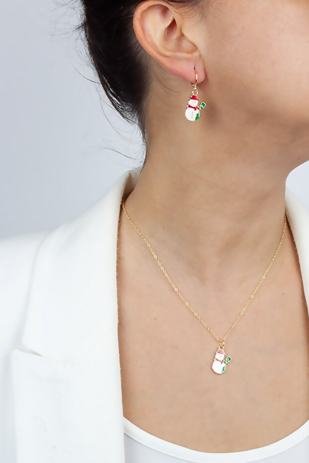 Snowman Figure Christmas Themed Necklace Earrings Set