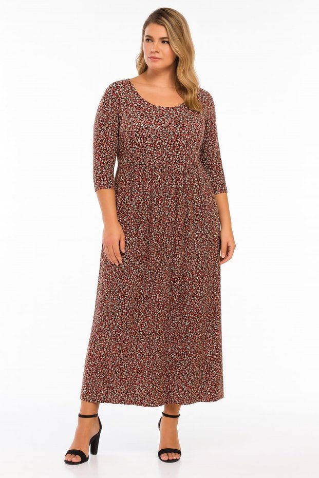 Women's Plus Size Red, Waist Elastic Detail Crew Neck Viscose Pocket Dress 65N39130