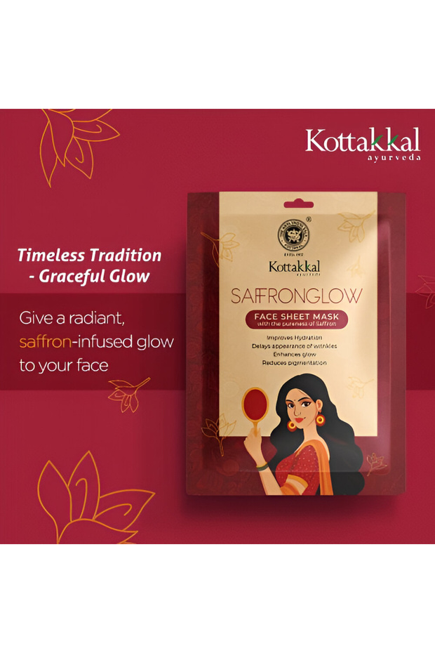Kottakkal Saffron Glow Face Sheet Mask, Hydrating and Brightening Facial Mask