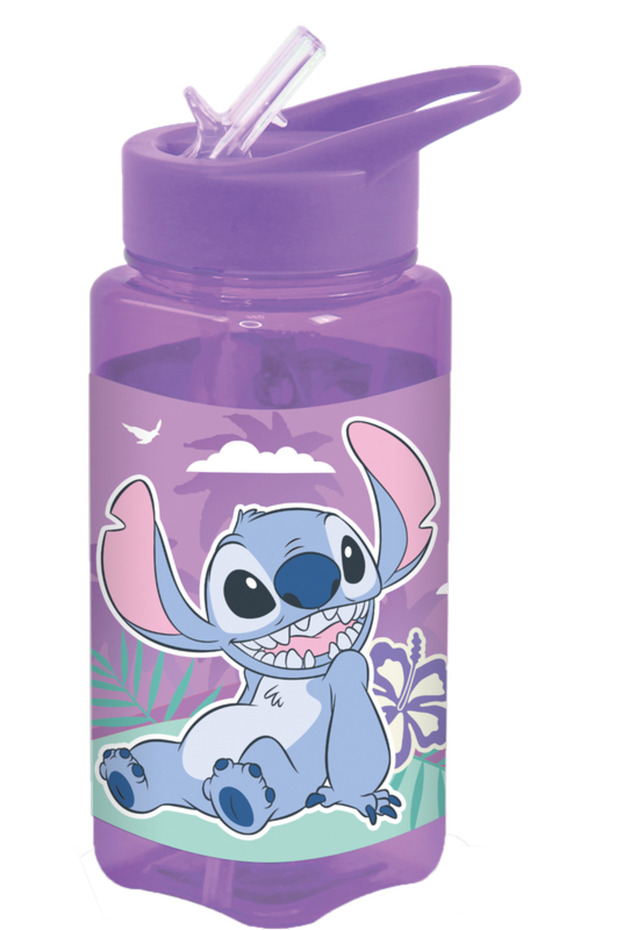 Stitch Square Water Bottle for Kids – 500ml, Flip Straw Lid – Purple