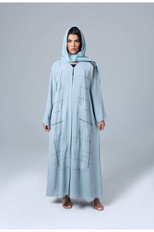 Embroidery Design Leaves Colored Abaya Blue