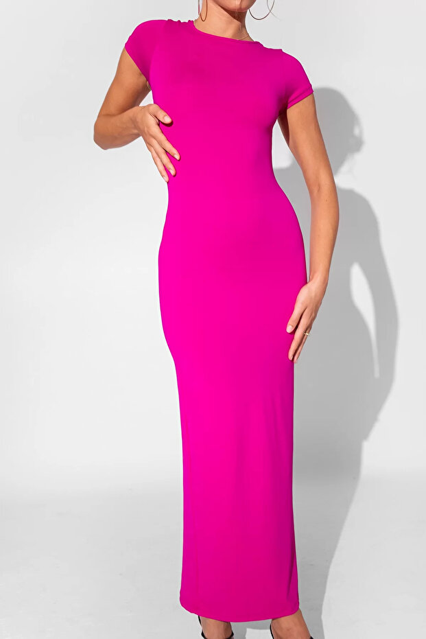 Kısa Kollu Basic Uzun Sandy Fuşya Elbise - 2