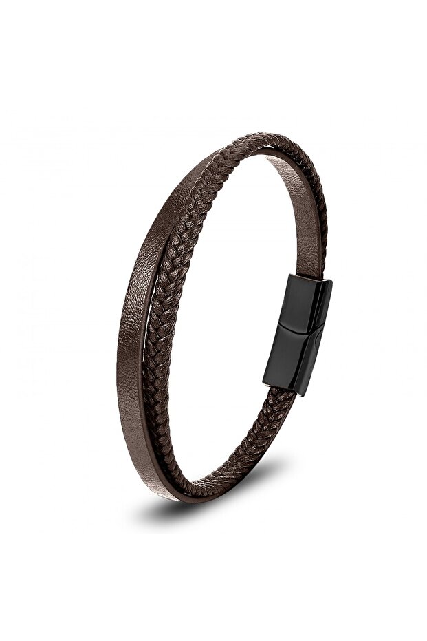 Brown Leather and Hair Braid Double Multi Steel Bracelet 31833B12D2