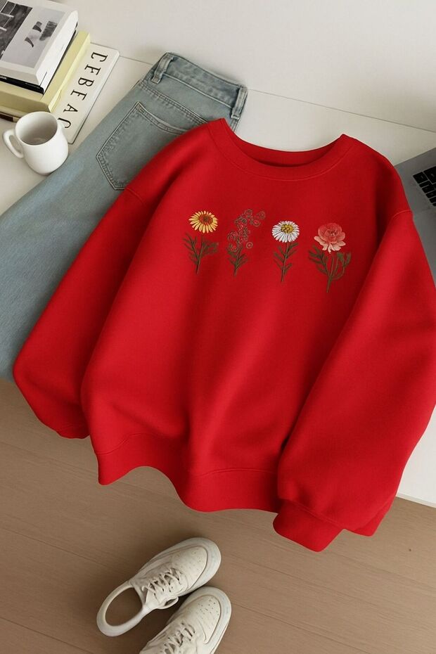 3-Thread Combed Cotton Flower-Printed Unisex Sweatshirt