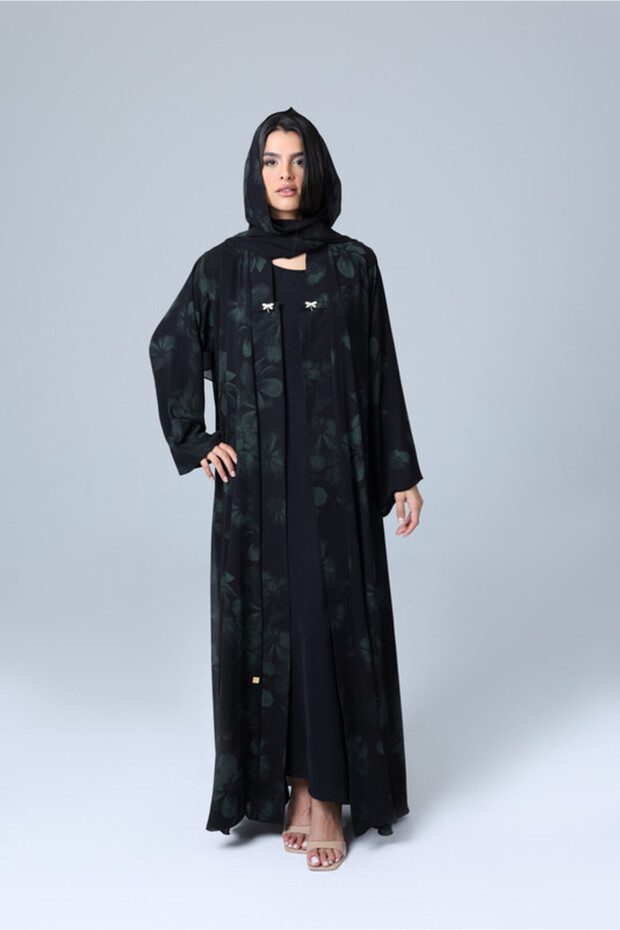 Open Front Green Flower Prints Abaya